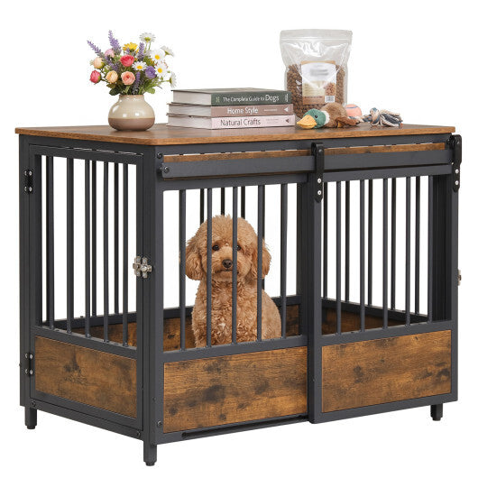 Furniture Style Dog Crate with 2 Doors and Safety Latch and Dog Mat-Rustic Brown W2B