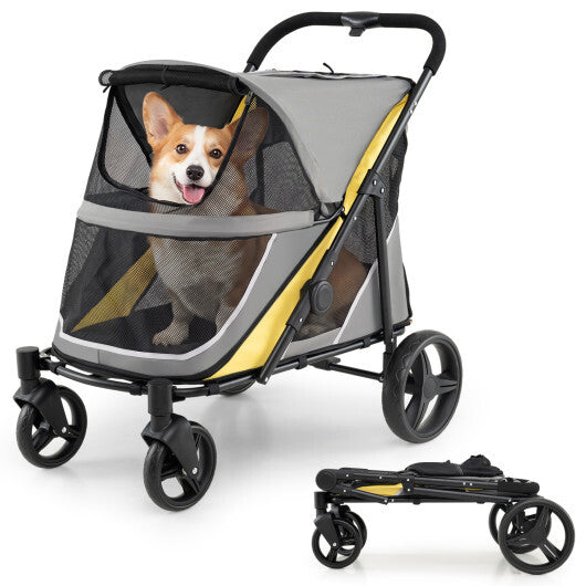 220 LBS Heavy Duty Dog Stroller for Large and Medium Dogs with One-Step Foot Brake and Top & Front Windows-Yellow W2B