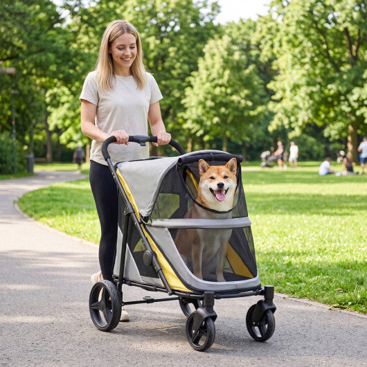 220 LBS Heavy Duty Dog Stroller for Large and Medium Dogs with One-Step Foot Brake and Top & Front Windows-Yellow W2B