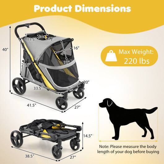 220 LBS Heavy Duty Dog Stroller for Large and Medium Dogs with One-Step Foot Brake and Top & Front Windows-Yellow W2B