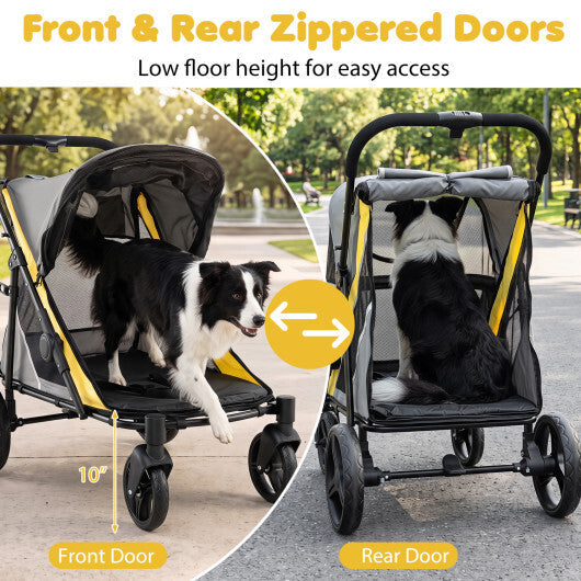 220 LBS Heavy Duty Dog Stroller for Large and Medium Dogs with One-Step Foot Brake and Top & Front Windows-Yellow W2B