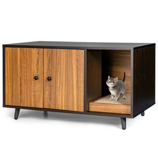Cat Litter Box Enclosure with Divider and Double Doors-Coffee - Color: Brown W2B