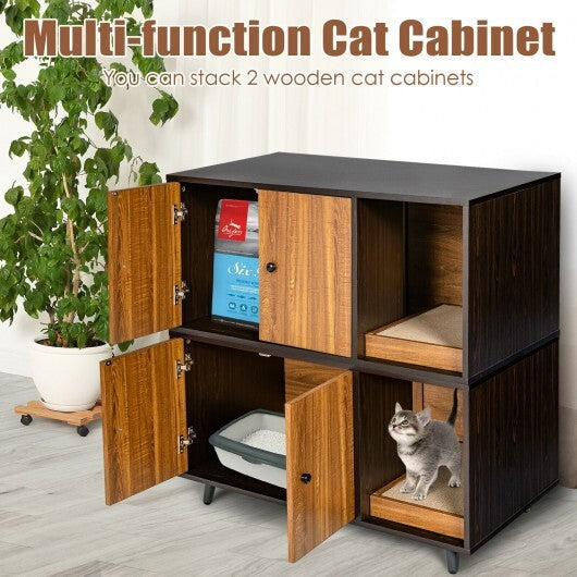 Cat Litter Box Enclosure with Divider and Double Doors-Coffee - Color: Brown W2B