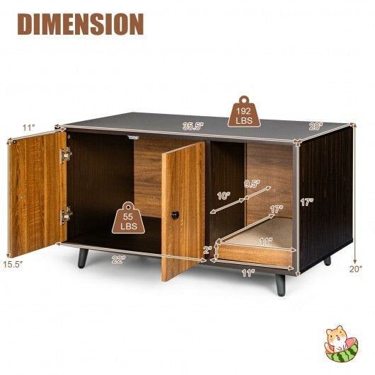 Cat Litter Box Enclosure with Divider and Double Doors-Coffee - Color: Brown W2B