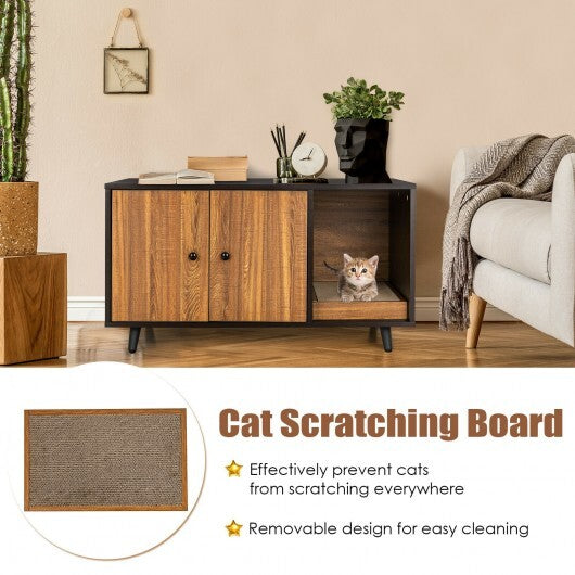 Cat Litter Box Enclosure with Divider and Double Doors-Coffee - Color: Brown W2B