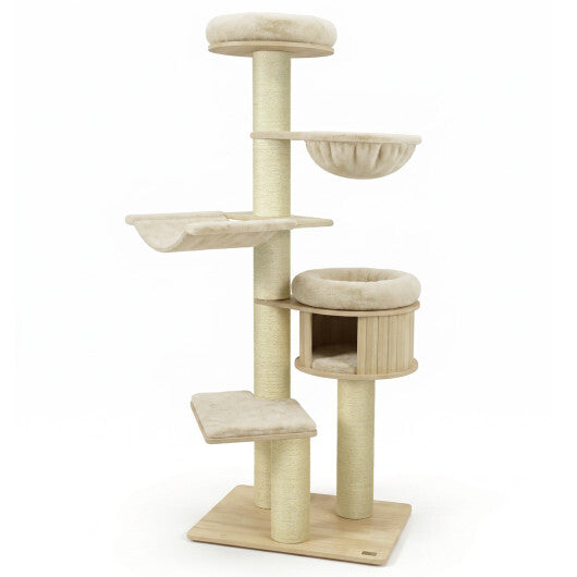 75.5" Tall Cat Tree with 7 Sisal Posts & Hanging Basket and Hammock for Indoor-Beige W2B