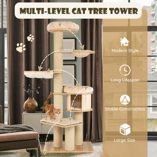 75.5" Tall Cat Tree with 7 Sisal Posts & Hanging Basket and Hammock for Indoor-Beige W2B