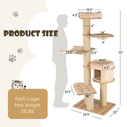 75.5" Tall Cat Tree with 7 Sisal Posts & Hanging Basket and Hammock for Indoor-Beige W2B