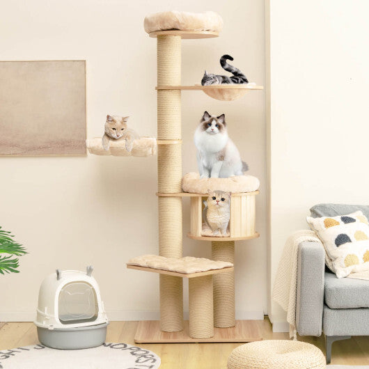 75.5" Tall Cat Tree with 7 Sisal Posts & Hanging Basket and Hammock for Indoor-Beige W2B