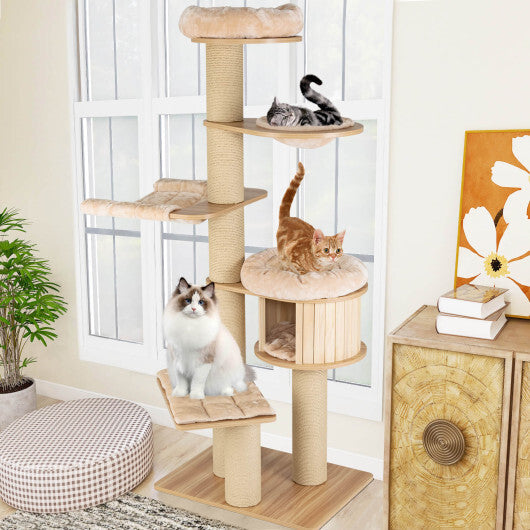 75.5" Tall Cat Tree with 7 Sisal Posts & Hanging Basket and Hammock for Indoor-Beige W2B