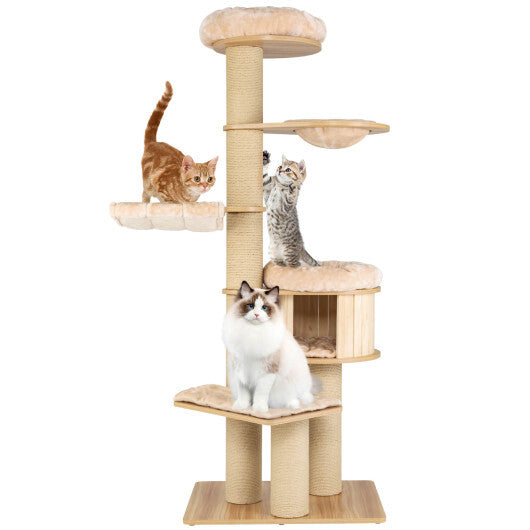 75.5" Tall Cat Tree with 7 Sisal Posts & Hanging Basket and Hammock for Indoor-Beige W2B