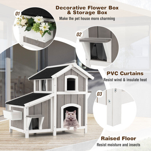 Outdoor 2-Story Wooden Feral Cat House with Escape Door-Gray