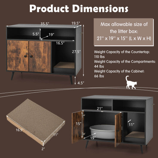Cat Litter Box Enclosure with Storage Compartments and Pet Scratcher W2B