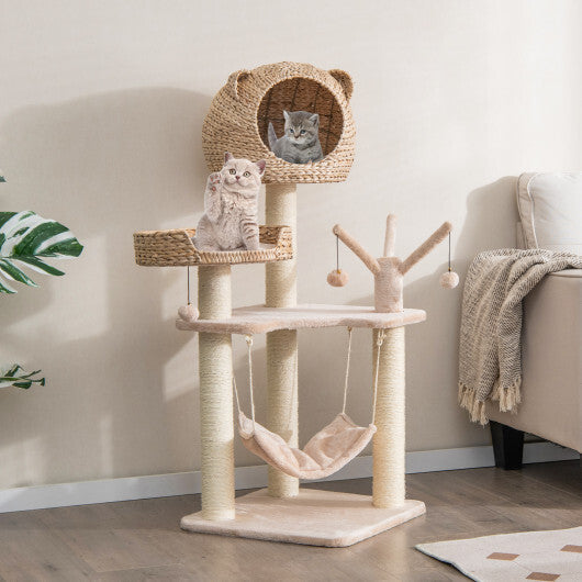 Multi-Level Cat Tree with Condo Hammock and Rotatable Hanging Balls-Natural W2B