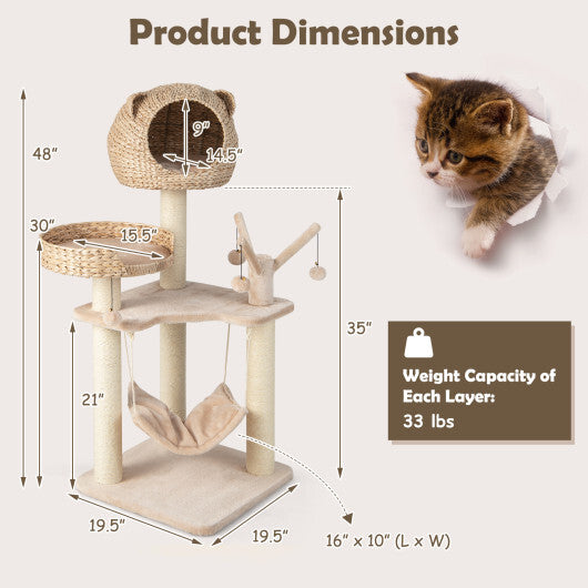 Multi-Level Cat Tree with Condo Hammock and Rotatable Hanging Balls-Natural W2B