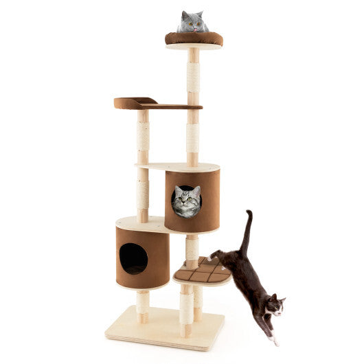 6-Tier Wooden Cat Tree with 2 Removeable Condos Platforms and Perch-Brown W2B