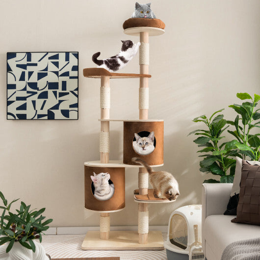 6-Tier Wooden Cat Tree with 2 Removeable Condos Platforms and Perch-Brown W2B