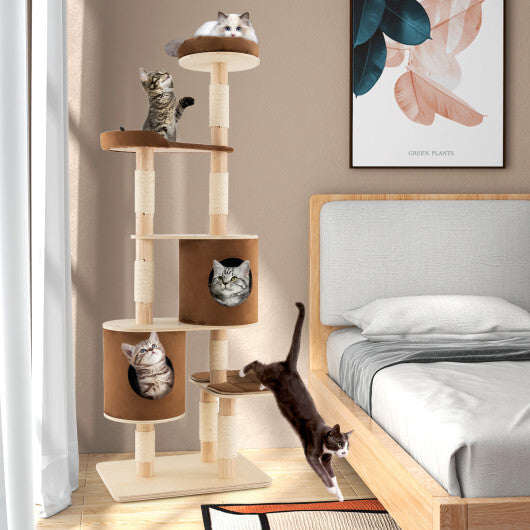 6-Tier Wooden Cat Tree with 2 Removeable Condos Platforms and Perch-Brown W2B
