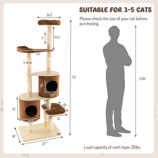 6-Tier Wooden Cat Tree with 2 Removeable Condos Platforms and Perch-Brown W2B