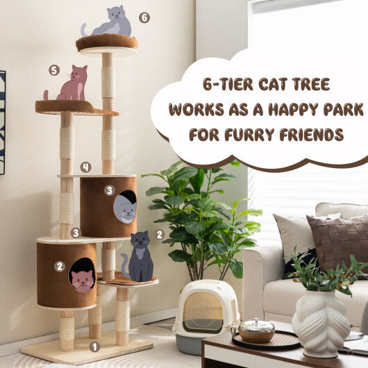 6-Tier Wooden Cat Tree with 2 Removeable Condos Platforms and Perch-Brown W2B