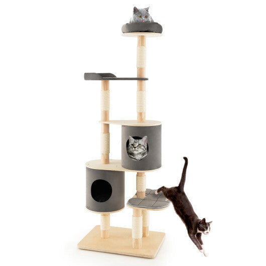 6-Tier Wooden Cat Tree with 2 Removeable Condos Platforms and Perch-Brown W2B