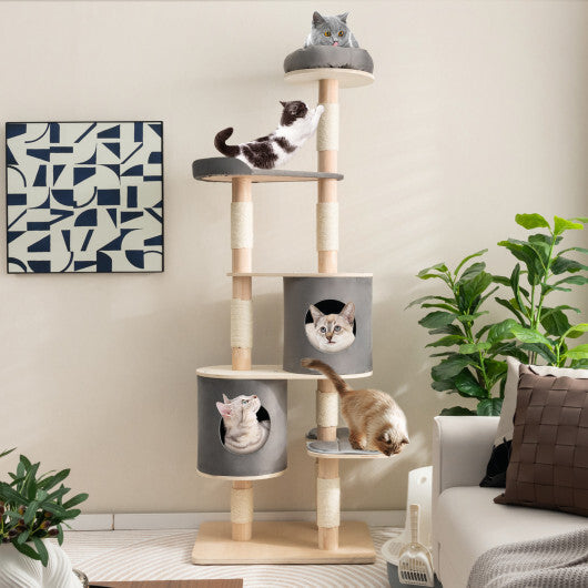 6-Tier Wooden Cat Tree with 2 Removeable Condos Platforms and Perch-Brown W2B