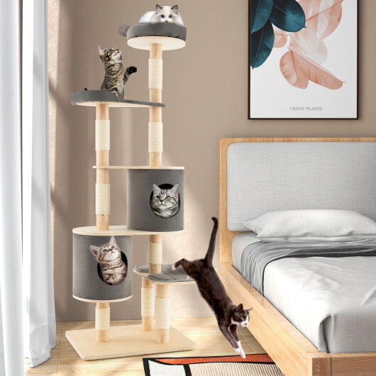 6-Tier Wooden Cat Tree with 2 Removeable Condos Platforms and Perch-Brown W2B