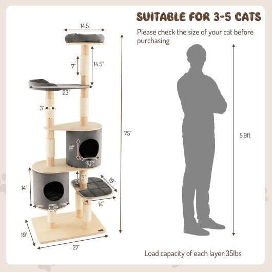 6-Tier Wooden Cat Tree with 2 Removeable Condos Platforms and Perch-Brown W2B
