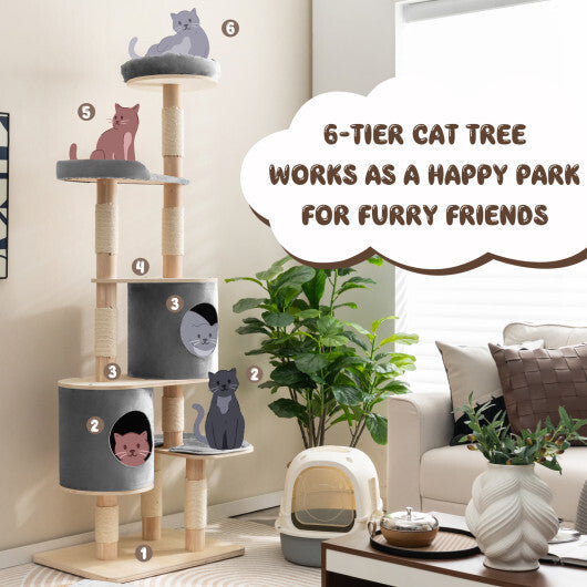 6-Tier Wooden Cat Tree with 2 Removeable Condos Platforms and Perch-Brown W2B