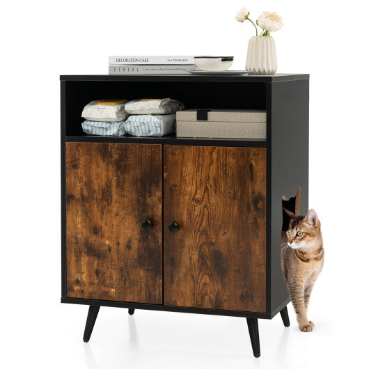 Industrial Cat Litter Box Enclosure with Entry and Open Compartment-Brown W2B