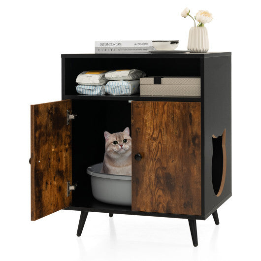Industrial Cat Litter Box Enclosure with Entry and Open Compartment-Brown W2B