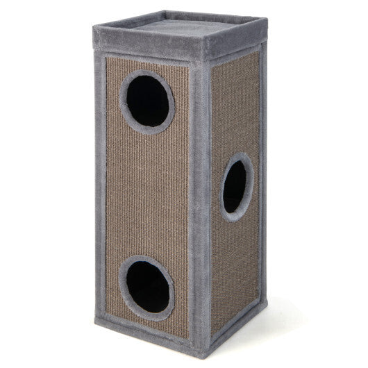 39 Inch Tall Cat Condo with Scratching Posts and 3 Hideaways and 4 Soft Plush Cushions-Gray W2B