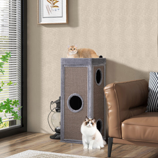 39 Inch Tall Cat Condo with Scratching Posts and 3 Hideaways and 4 Soft Plush Cushions-Gray W2B