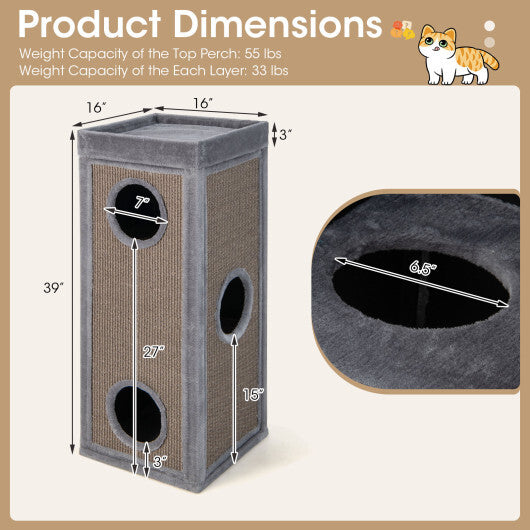 39 Inch Tall Cat Condo with Scratching Posts and 3 Hideaways and 4 Soft Plush Cushions-Gray W2B