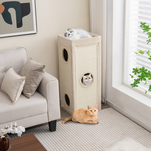 39 Inch Tall Cat Condo with Scratching Posts and 3 Hideaways and 4 Soft Plush Cushions-Gray W2B