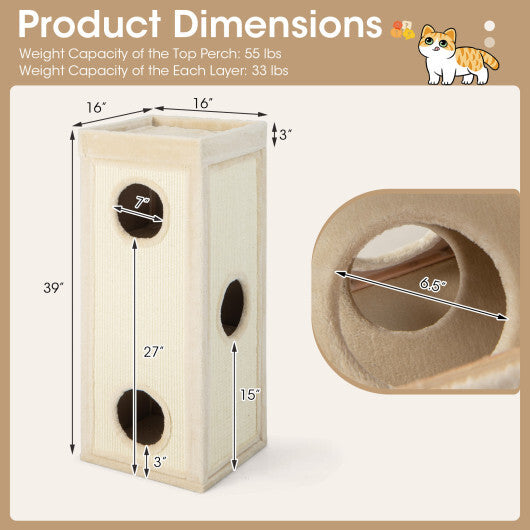39 Inch Tall Cat Condo with Scratching Posts and 3 Hideaways and 4 Soft Plush Cushions-Gray W2B