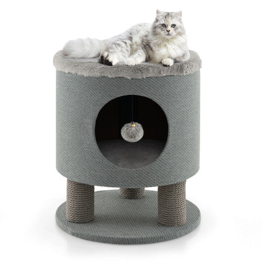 3-in-1 Cat Condo Stool Kitty Bed with Scratching Posts and Plush Ball Toy-Gray W2B