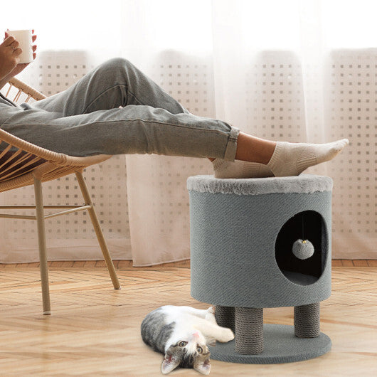 3-in-1 Cat Condo Stool Kitty Bed with Scratching Posts and Plush Ball Toy-Gray W2B