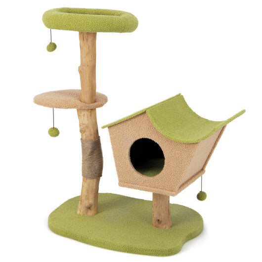 43 Inch Wooden Cat Tree with Padded Top Perch-Green W2B