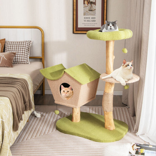 43 Inch Wooden Cat Tree with Padded Top Perch-Green W2B