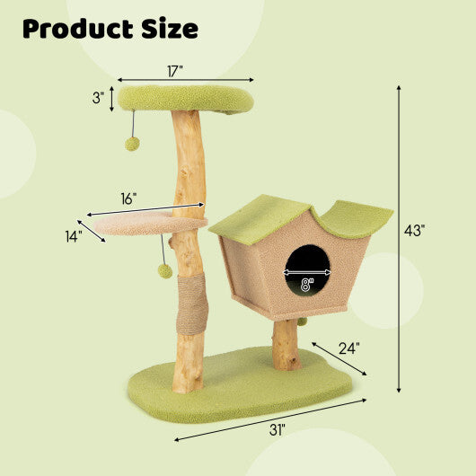 43 Inch Wooden Cat Tree with Padded Top Perch-Green W2B