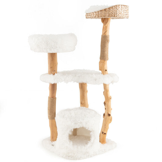 Solid Wood Cat Tower with Top Cattail Basket Cat Bed for Indoor Cats-White W2B
