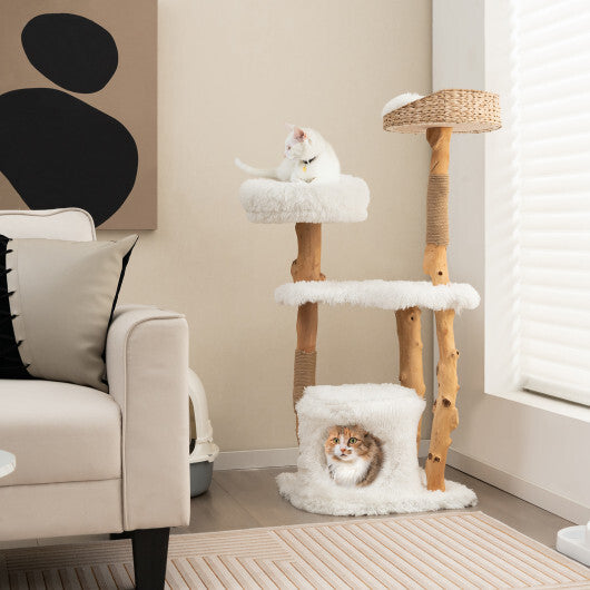 Solid Wood Cat Tower with Top Cattail Basket Cat Bed for Indoor Cats-White W2B