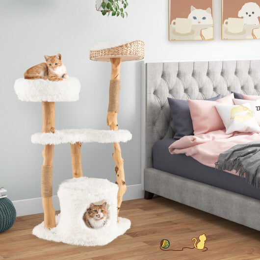 Solid Wood Cat Tower with Top Cattail Basket Cat Bed for Indoor Cats-White W2B