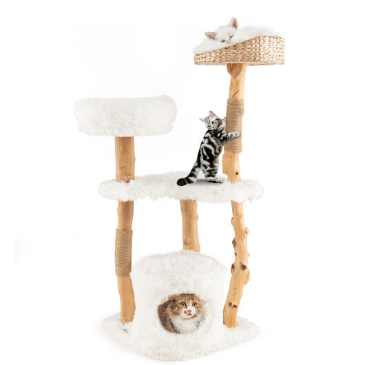 Solid Wood Cat Tower with Top Cattail Basket Cat Bed for Indoor Cats-White W2B