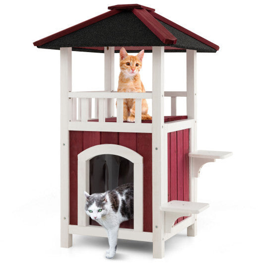 2-Story Wooden Cat House with Asphalt Roof Balcony and Rain Curtain-Red & White W2B