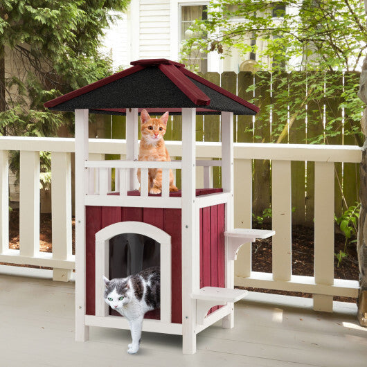 2-Story Wooden Cat House with Asphalt Roof Balcony and Rain Curtain-Red & White W2B