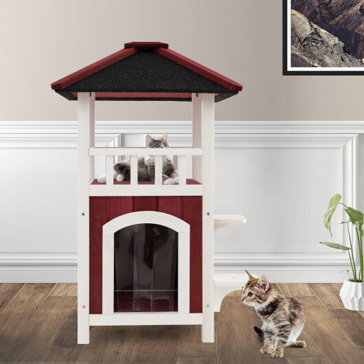 2-Story Wooden Cat House with Asphalt Roof Balcony and Rain Curtain-Red & White W2B