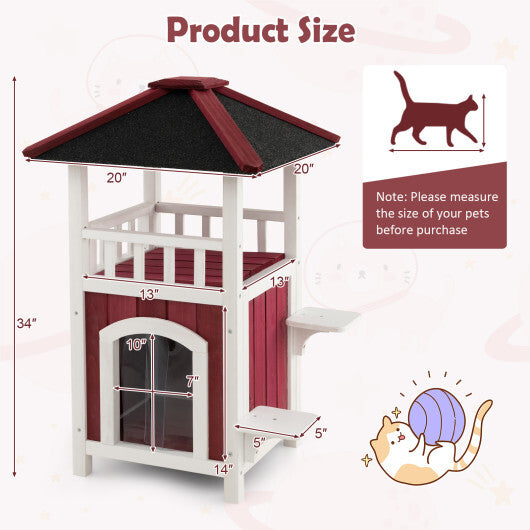 2-Story Wooden Cat House with Asphalt Roof Balcony and Rain Curtain-Red & White W2B