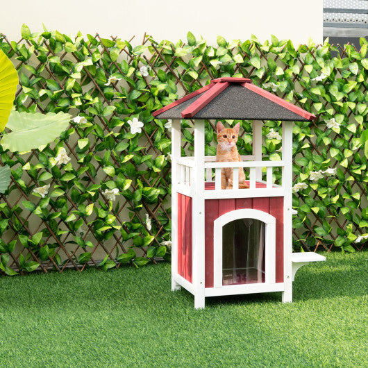 2-Story Wooden Cat House with Asphalt Roof Balcony and Rain Curtain-Red & White W2B